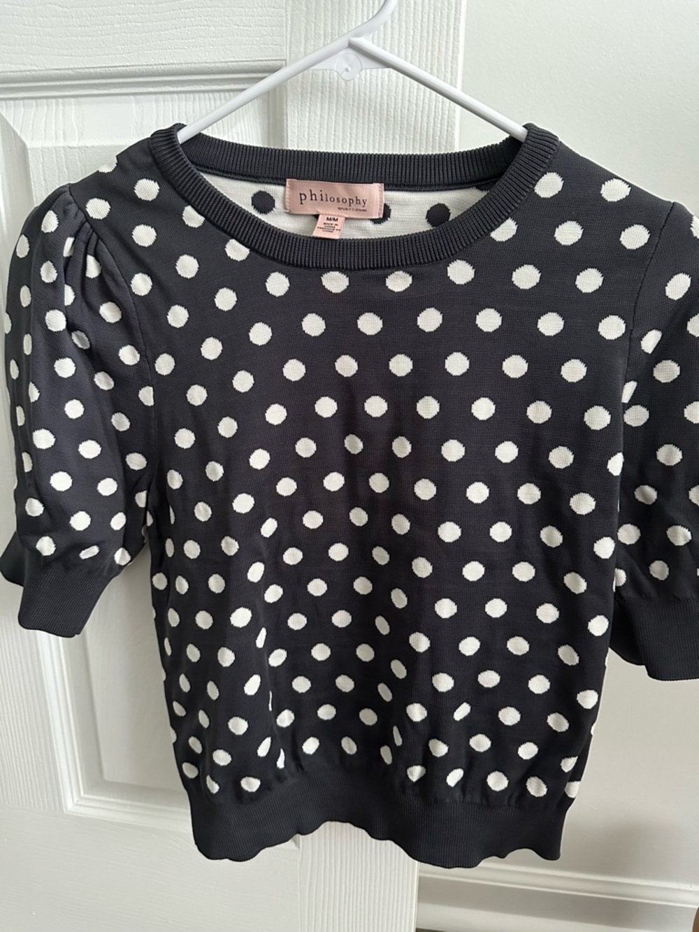 Philosophy Black and White Polka Dot Short Sleeve Sweater